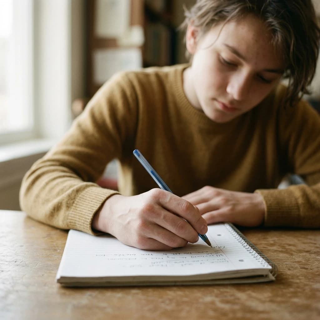 Adolescent qui écrit au stylo dans un cahier à spirale
