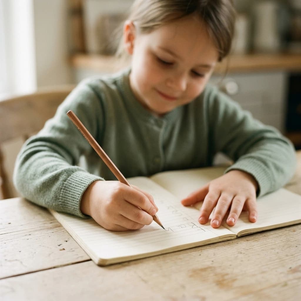 Jeune enfant qui écrit au crayon dans un cahier