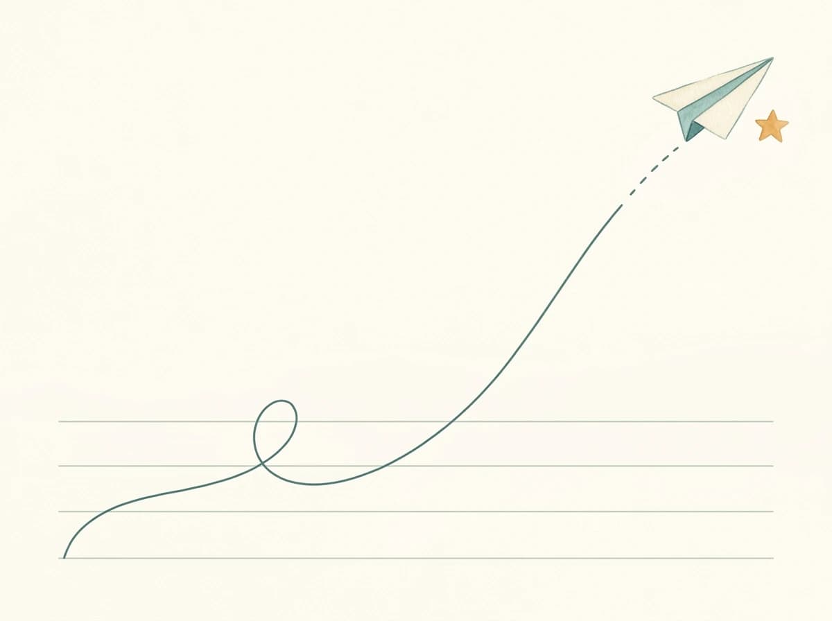Illustration : une ligne d'écriture qui s'élance et s'envole en avion de papier vers une étoile