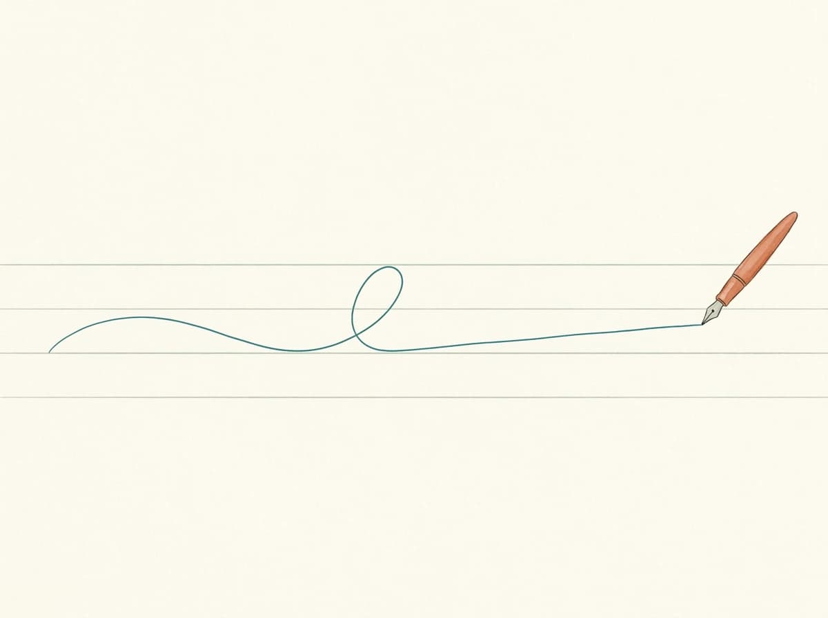 Illustration : une arabesque cursive fluide tracée sur une feuille de cahier, une plume aquarelle posée à côté