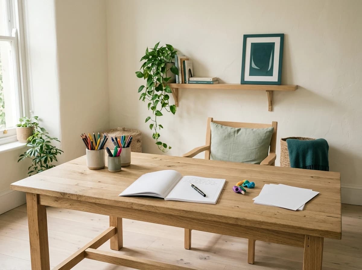 Illustration d'un cabinet chaleureux, avec une grande table en bois et du matériel d'écriture